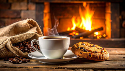 Steaming coffee cup and cookie by a cozy fireplace with coffee beans burlap sack
