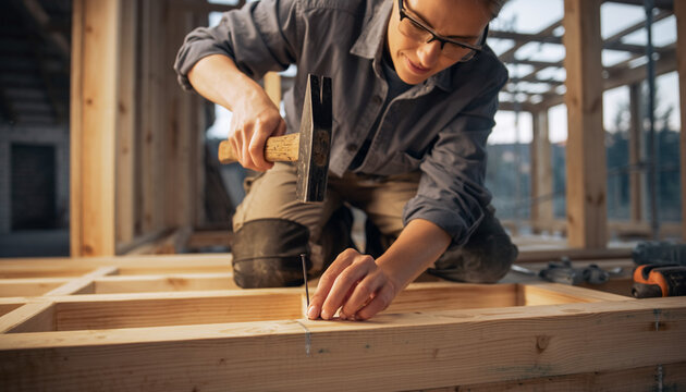 Carpenter hammering nail into wood frame of a building.