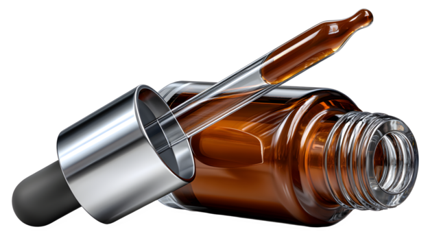 Luxurious amber glass dropper bottle for essential oils and serum product photography promotion usage isolated on transparent background