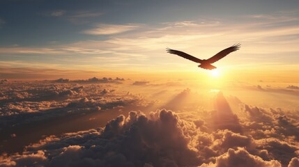 A lone eagle soaring above dramatic clouds in a spectacular sunset sky, symbol of ambition and freedom, success and leadership concept