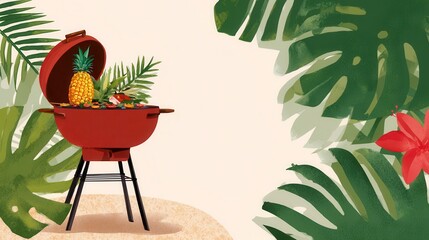 Tropical BBQ Grill Pineapple Summer Food Party Vector