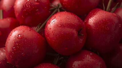 Luscious tomatoes glistening with dew drops create a vibrant ruby still life