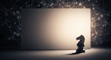 Obraz premium A black knight chess piece standing in front of a blank white canvas with a network of connections in the background.