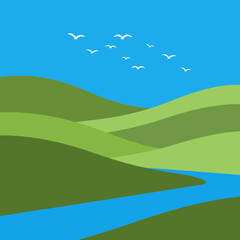 Fototapeta premium A stylized landscape illustration featuring rolling green hills, a blue river flowing through the valley, and a flock of white birds flying in a clear blue sky.