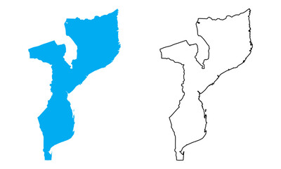 Mozambique country map. Map in various outline and blue silhouette styles
