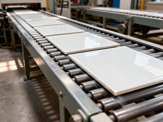 Glossy white ceramic tiles moving along a roller conveyor belt during the manufacturing process in a factory.