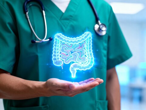 Doctor in green scrubs holding a glowing blue holographic model of the human large and small intestines.