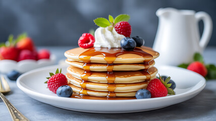 Stack of golden pancakes topped with fresh berries, whipped cream, and syrup on a white plate