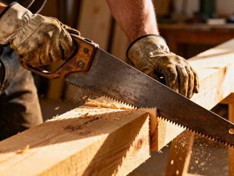 Close-up of a carpenter wearing protective gloves sawing a wooden beam, with sawdust flying under warm sunlight.
