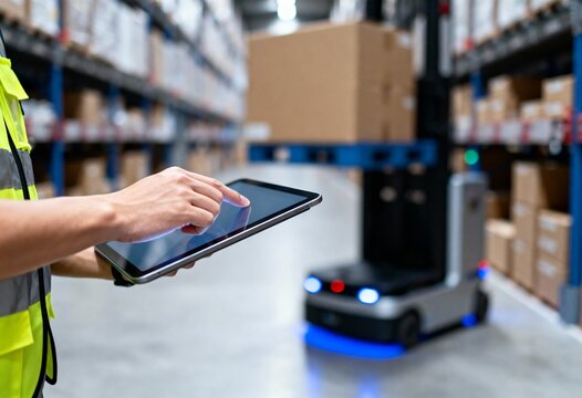 Warehouse worker using a digital tablet for inventory management while an autonomous robot operates nearby.