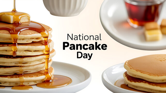 Stack of pancakes with syrup being poured, served on plates with butter and tea, celebrating National Pancake Day - Powered by Adobe