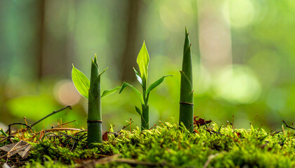 Three young bamboo shoots emerging from mossy forest floor sprout growth