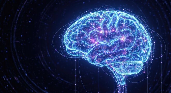 A glowing blue and purple brain with a dark blue background, featuring a futuristic design with glowing nodes and lines.