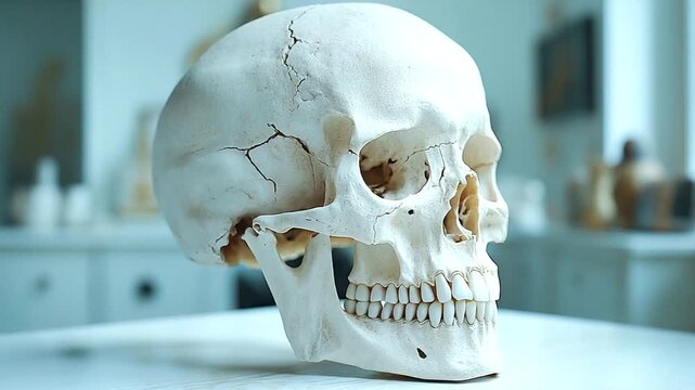 Realistic human skull on a table with decor