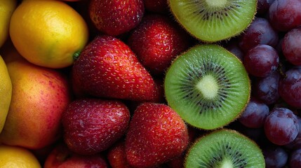 Fresh fruit explosion of lemons, strawberries, kiwi and grapes, a colorful vibrant mix perfect for healthy eating campaigns or lifestyle blogs