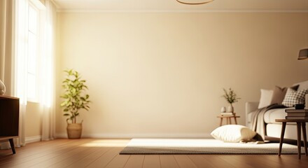 Fototapeta premium A cozy living room with a beige wall, wooden floor, and a white rug.