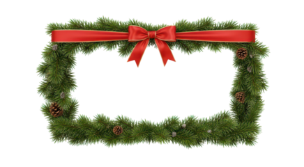 Christmas Frame: Festive frame of evergreen boughs is adorned with a vibrant red ribbon. Perfect to add a touch of holiday cheer and festive spirit to your designs.