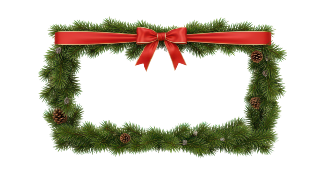 Christmas Frame: Festive frame of evergreen boughs is adorned with a vibrant red ribbon. Perfect to add a touch of holiday cheer and festive spirit to your designs.