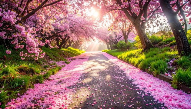 Tunnel of blooming cherry blossom trees with petals covering the road sakura