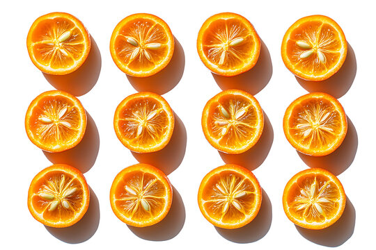 Vibrant orange halves arranged in a grid pattern casting shadows, perfect for fresh, healthy recipes, vivid summer designs and a citrusy feeling