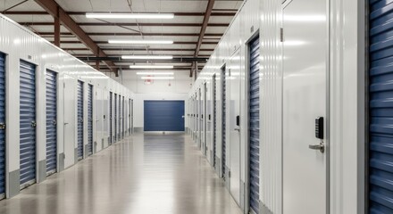 Obraz premium Empty storage facility with white walls and blue doors.