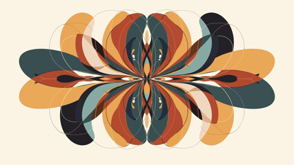 Symmetrical abstract digital art featuring a central floral or butterfly-like motif with overlapping organic shapes in a retro color palette.