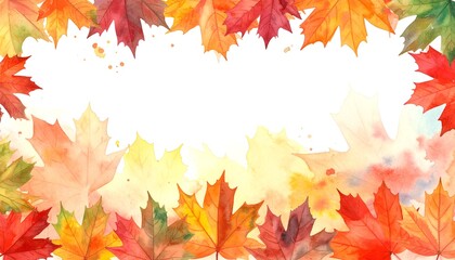 Watercolor image of colorful autumn leaves, framing a white background