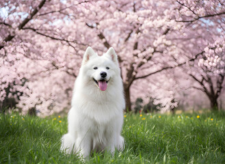 Fototapeta premium White Samoyed dog sits on green grass, panting happily. Pink cherry blossoms frame the scene, softly blurred.