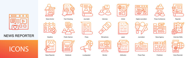 news reporter icon collection set. Containing News Anchor, Fact Checking, Journalist, Interview, Article, Digital Journalism icon