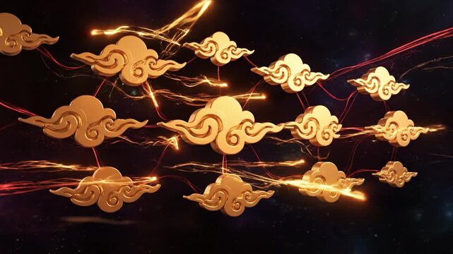 Auspicious golden clouds intertwine in a celestial network, symbolizing prosperity and connection for the Chinese New Year celebration, depicting a dynamic timeline of joy and good fortune
