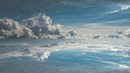 Serene seascape with perfect reflection of layered clouds on calm water, ethereal blue-white natural scene