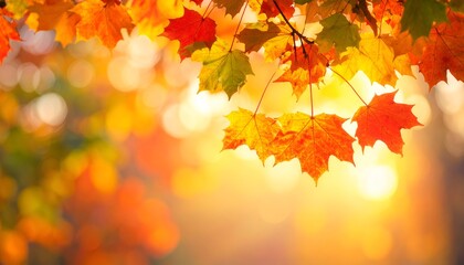 Fototapeta premium Vivid autumn leaves with radiant colors frame a warm bokeh background