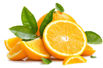 Fresh oranges with vibrant green leaves, perfect for healthy eating campaigns and refreshing summer designs, bursting with citrusy goodness and vitamin C