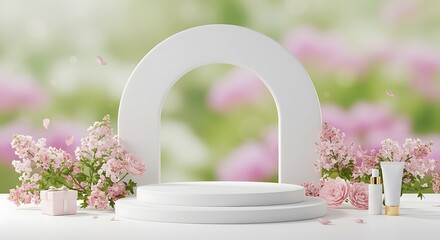 Serene Spring: 3D Render of White Podium with Lilac Blooms