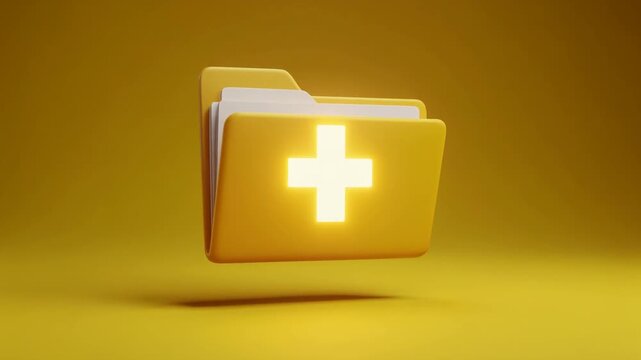 Floating 3D Render of a Yellow Folder with White Papers on a Yellow Background