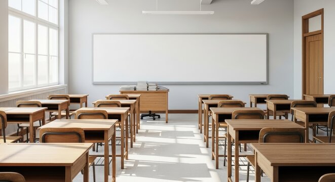A classroom with wooden desks and chairs, a whiteboard, and a window.