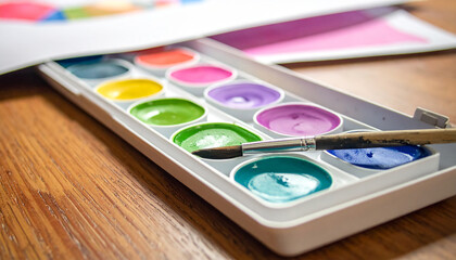 Watercolor paint set with brush and colorful paints on wooden table palette