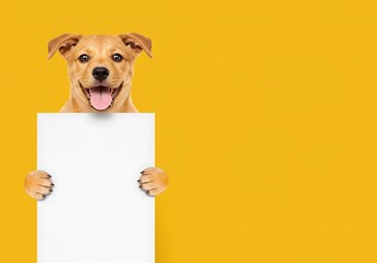 Happy Dog Holding Blank Sign, Yellow Background
