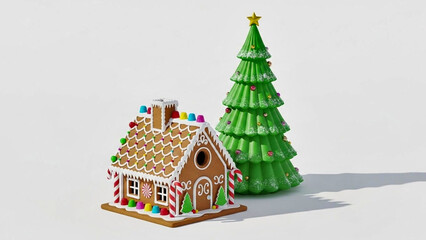 Christmas Tree and Gingerbread House, Simple White Backdrop