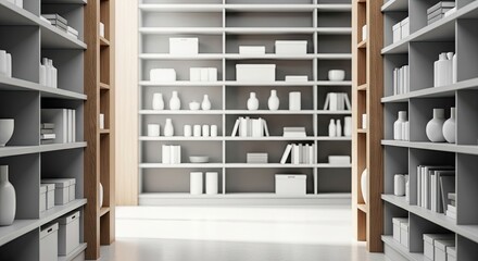 Obraz premium A minimalist, modern white and gray open shelving unit with white vases and books.