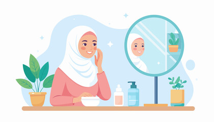Radiant Muslim woman lovingly applying skincare in a self-care ritual, embracing beauty and wellness with grace, modern lifestyle, self love, and positive vibes