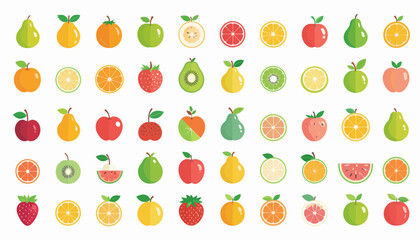 Vibrant assortment of delicious fruit icons, perfect for healthy eating designs, fresh juice labels, and eye-catching food illustrations, a delightful collection