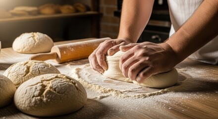 Obraz premium Close up view of hands kneading dough to make fresh bread