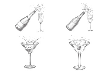 exploding champagne bottle and glasses with splash drinks. grunge alcohol engraving vector set vector illustration. Wine pouring from bottle into glass, sketch.