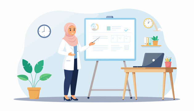 Modern Muslim businesswoman presenting strategy on whiteboard with laptop in office, showcasing leadership and expertise, engaging and professional presentation style