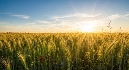 A golden wheat field with sun rays shining through the clouds.