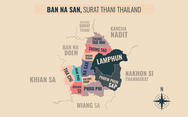 Map showing Ban Na San District Surat Thani Thailand divided into sub-districts with minimalist colorful patterns