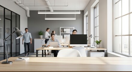 A modern office with wooden desks, white chairs, and a glass wall.