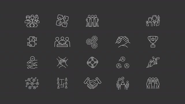 Teamwork animation set. Colleagues collaboration for goals achievement animated white line icons. Business strategy. Teambuilding. Isolated elements on dark background. Alpha channel HD video