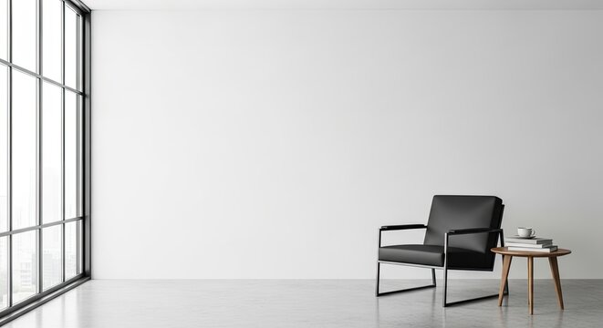 A minimalist white room with a black leather armchair and a wooden side table.